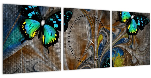 Obraz - Zářiví motýli na obraze (s hodinami) (90x30 cm)