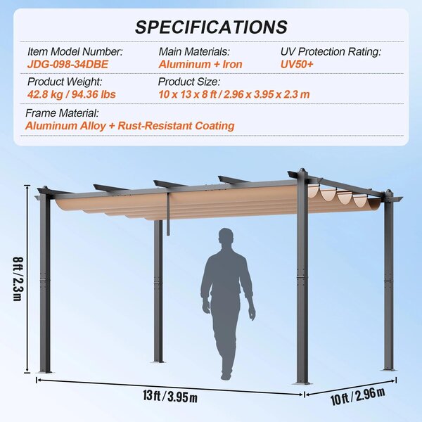 Pergola – Výsuvná venkovní stříška – Hliníková konstrukce – Ochrana proti UV záření 50+ – Rozměry 3x3 metry