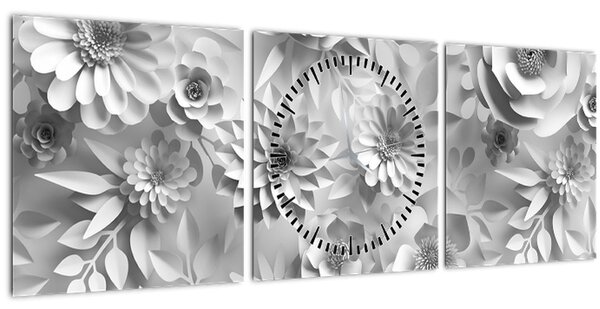 Obraz - Bílé květiny (s hodinami) (90x30 cm)