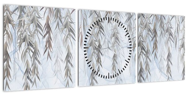 Obraz - Vrbové větvičky v modrém pozadí (s hodinami) (90x30 cm)