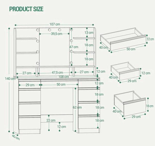 Toaletní stolek se zrcadlem a nastavitelným LED osvětlením - 9 zásuvek - moderní design - zlatá barva