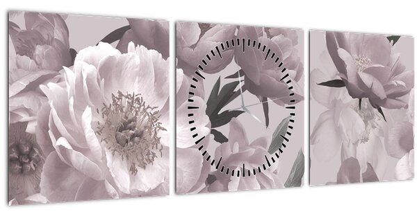 Obraz - Vintage květy pivoněk (s hodinami) (90x30 cm)