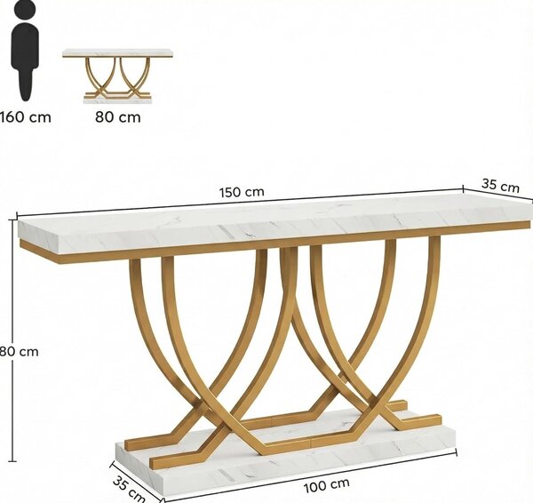 Konferenční stolek – Přístavec – Deska stolu s vzhledem mramoru – Bílá a zlatá barva – Šířka 150 cm – Výškově nastavitelný