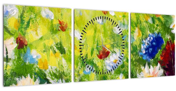 Obraz rozkvetlé louky, olejomalba (s hodinami) (90x30 cm)