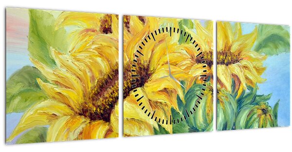 Obraz rozkvetlých slunečnic (s hodinami) (90x30 cm)