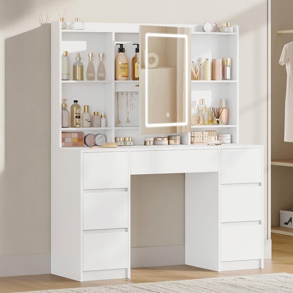 Toaletní stolek s osvětlením – bílý – 7 zásuvek – dřevěná deska – moderní, minimalistický design