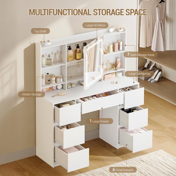 Toaletní stolek s osvětlením – bílý – 7 zásuvek – dřevěná deska – moderní, minimalistický design