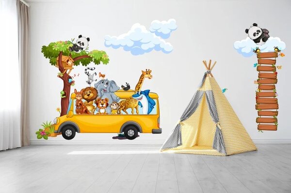 Nálepka pro děti veselé safari zvířátka cestující v autobuse 60 x 120 cm