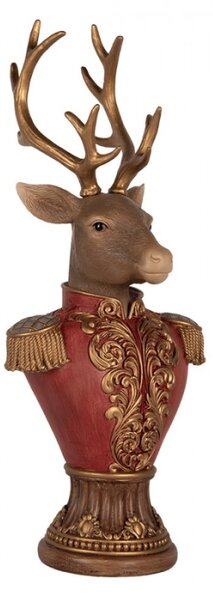 Dekorace busta jelena v červené vojenské uniformě se zlatým parožím – 16x10x37 cm