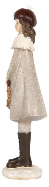 Vánoční dekorační figurka kolednice v šedém kabátu se zlatým věncem – 8x8x30 cm