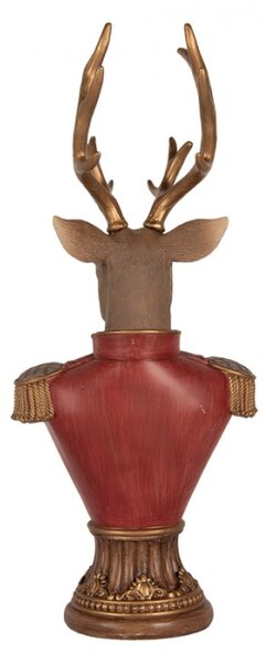 Dekorace busta jelena v červené vojenské uniformě se zlatým parožím – 16x10x37 cm