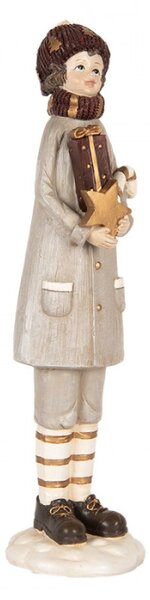 Vánoční dekorační figurka koledník v šedém kabátu se zlatou hvězdou – 8x8x30 cm