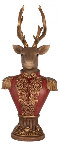 Dekorace busta jelena v červené vojenské uniformě se zlatým parožím – 16x10x37 cm