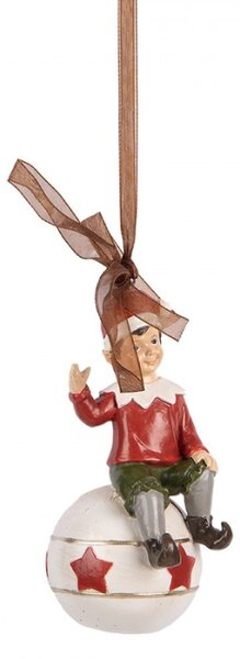 Vánoční závěsná dekorace veselý elf na červeno-bílé ozdobě – 5x5x10 cm