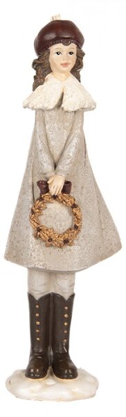 Vánoční dekorační figurka kolednice v šedém kabátu se zlatým věncem – 8x8x30 cm