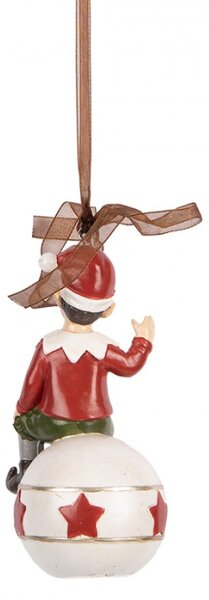 Vánoční závěsná dekorace veselý elf na červeno-bílé ozdobě – 5x5x10 cm