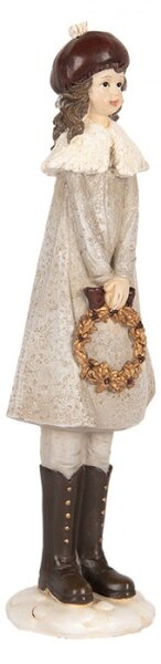 Vánoční dekorační figurka kolednice v šedém kabátu se zlatým věncem – 8x8x30 cm