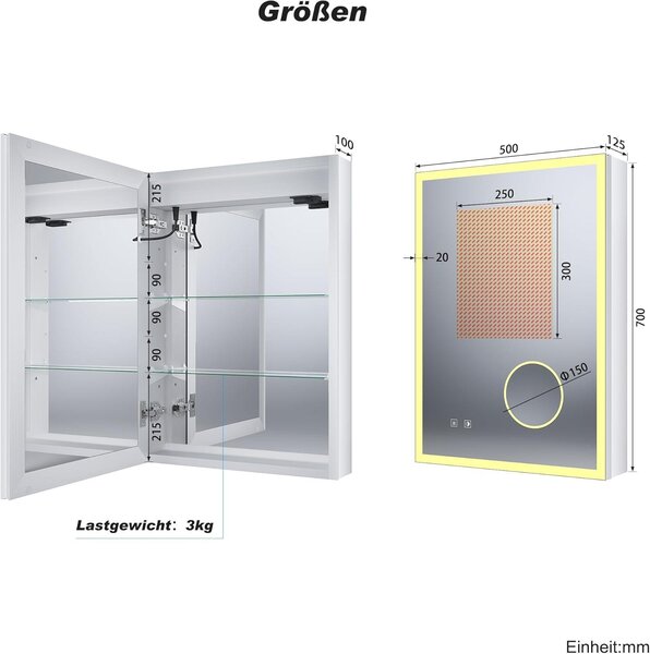 Zrcadlová skříňka s LED osvětlením do koupelny, s 3x zvětšovacím zrcadlem a zásuvkou, rozměry 70 x 50 cm, hliníková skříňka se dotykovým spínačem, 3 barvy světla