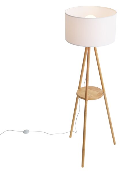 Skandinávská stojací lampa dřevěná s látkovým stínidlem bílá - Lou