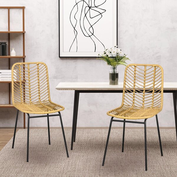 Sada dvou jídelních židlí v bohémském stylu, ratanová akcentová židle, rozměry 44 x 58 x 85 cm, barva: přírodní a žlutá