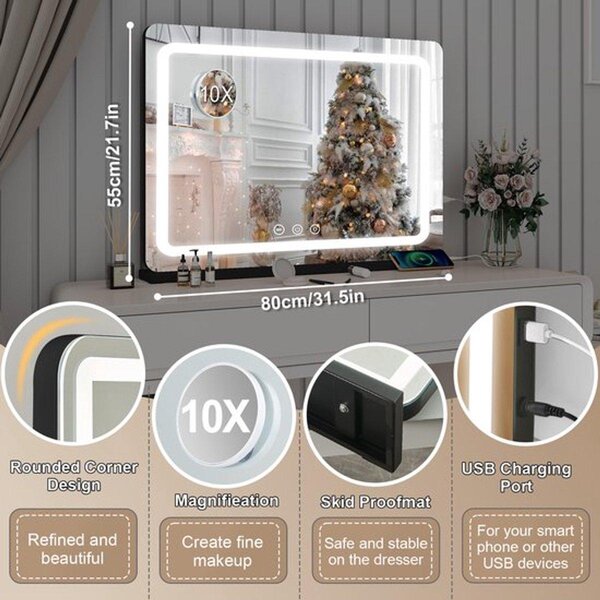 Zrcadlo do make-upu, extra velké – s osvětlením ve stylu Hollywoodu – 80 cm – kovové – vhodné na toaletní stolek i na zeď