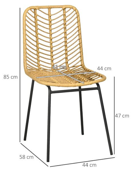 Sada dvou jídelních židlí v bohémském stylu, ratanová akcentová židle, rozměry 44 x 58 x 85 cm, barva: přírodní a žlutá