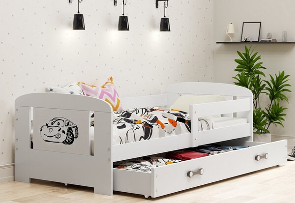 Dětská postel FILIP P1 + úložný prostor + matrace + rošt ZDARMA, 80x160 cm, bílý/auto
