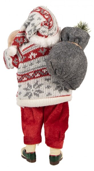 Vánoční figurka Santa Claus v norském svetru s nůší ozdob a medvídkem – 13x10x28 cm