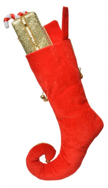 Vánoční červeno-zlatá dekorace skřítkovská bota s dárky Merry Christmas – 30x1x40 cm