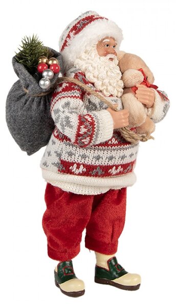 Vánoční figurka Santa Claus v norském svetru s nůší ozdob a medvídkem – 13x10x28 cm