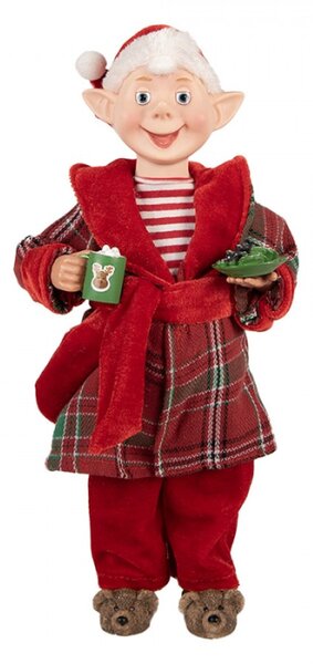 Vánoční figurka kouzelný elf v županu s hrnkem kakaa – 13x10x28 cm