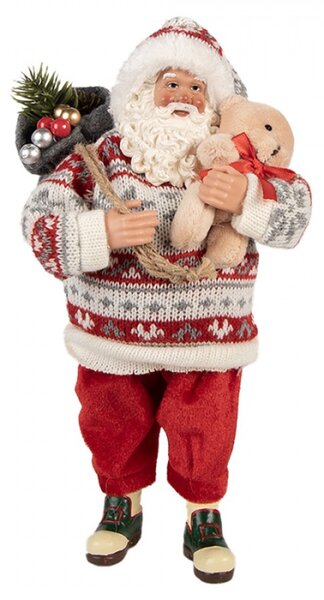 Vánoční figurka Santa Claus v norském svetru s nůší ozdob a medvídkem – 13x10x28 cm