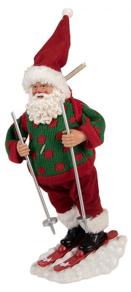 Vánoční figurka Santa Claus lyžař v zeleném svetru – 13x10x28 cm
