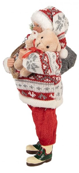 Vánoční figurka Santa Claus v norském svetru s nůší ozdob a medvídkem – 13x10x28 cm
