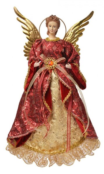 Vánoční figurka červeno-zlatý anděl se zlatými křídly a svatozáří – 40 cm