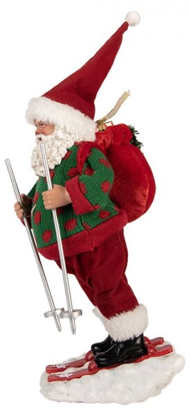 Vánoční figurka Santa Claus lyžař v zeleném svetru – 13x10x28 cm