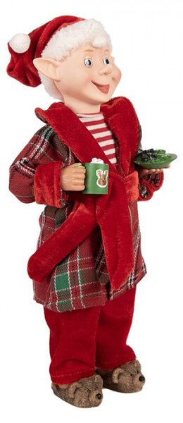 Vánoční figurka kouzelný elf v županu s hrnkem kakaa – 13x10x28 cm