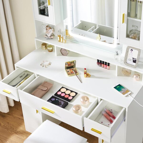 Kosmetický stolek - Toaletní stolek - Stolek na líčení - Stolek na make-up - Bílá barva - Nastavitelné LED osvětlení se 3 barvami