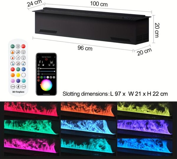3D Elektrický krb s otevřeným designem - Elektrický krb - Atmosférický krb - Nástěnný krb - Krb s funkcí mlhového efektu - 100 cm