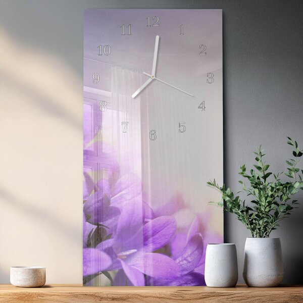 Skleněné hodiny vertikální Fialové květy zsppb-30x60-00295212