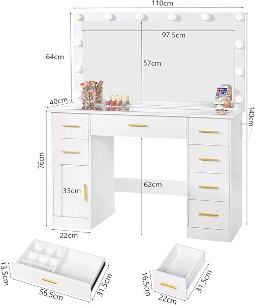 Kosmetický stolek - Toaletní stolek - Stolek na líčení - Nábytek pro vizážistky - Kosmetický stolek - Zrcadlo s LED osvětlením a 3 úrovněmi intenzity světla