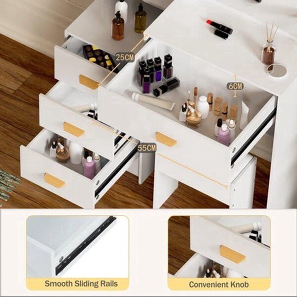 Toaletní stolek Kaptafel Warm Wit – 90x40x140 cm – MDF, sklo – s LED zrcadlem – komoda na líčení