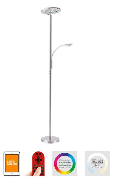 LOLA Smart LED stojací lampa LOLAsmart Rocco s ramenem na čtení, stmívatelný, Hliník / šedá / zinek, Obývací pokoj / jídelna, kov, Moderní, Podhledové stropní svítidlo
