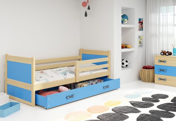 Dětská postel FIONA P1 COLOR + úložný prostor + matrace + rošt ZDARMA, 90x200 cm, borovice, blankytná