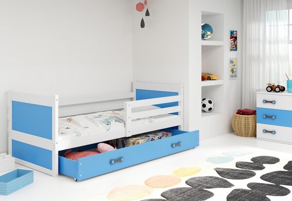 Dětská postel FIONA P1 COLOR + úložný prostor + matrace + rošt ZDARMA, 80x190 cm, bílý, blankytná