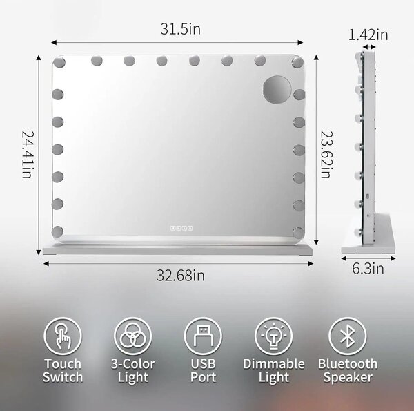 Zrcadlo do koupelny - s osvětlením - 20 LED diod - 80x60 cm - Velké kosmetické zrcadlo - 3 stmívatelné světla