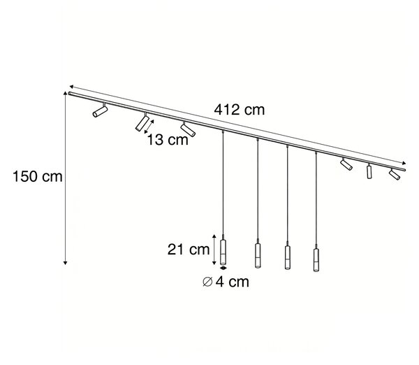 Moderní kolejnicový systém černý s 6 bodovými světly a 4 závěsnými světly tmavě bronzový 1-fázový - Slimline Uzzy Loyce