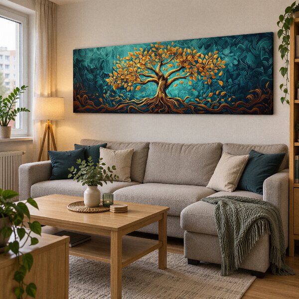 Obraz na plátně - Strom života Zlatý dotek FeelHappy.cz Rozměr obrazu (Šířka x Výška): 60 x 20 cm