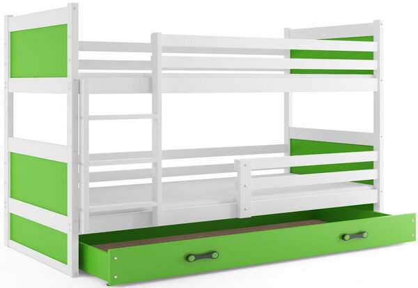 Patrová postel RICO 2 COLOR + úložný prostor + matrace + rošt ZDARMA , 90x200 cm, bílý, zelená