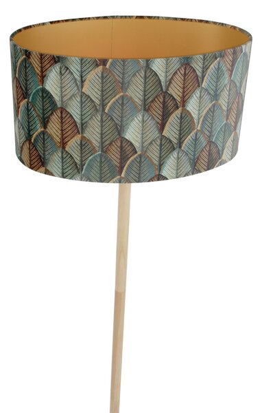 Dřevěná stojací lampa s oválným sametovým stínidlem s motivem listů 50 cm - Mels